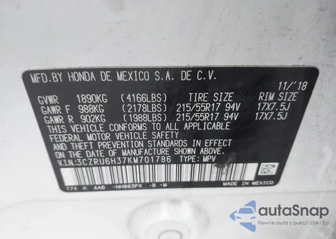 2019 Honda Hr-V Lx z USA, uszkodzony, nr VIN 3CZRU6H37KM701786